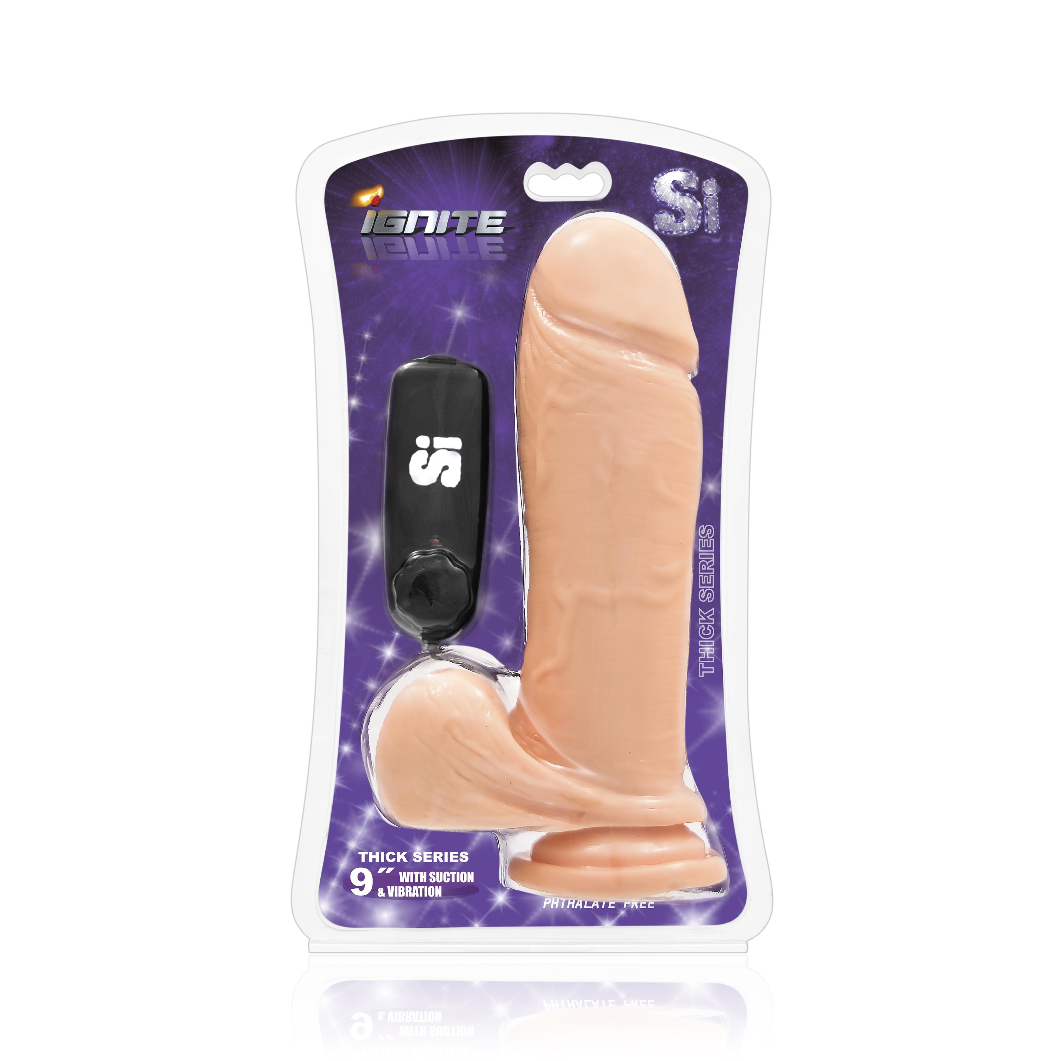 SI IGNITE Vibrating Thick Cock with Balls and Suction, Flesh, 23 cm