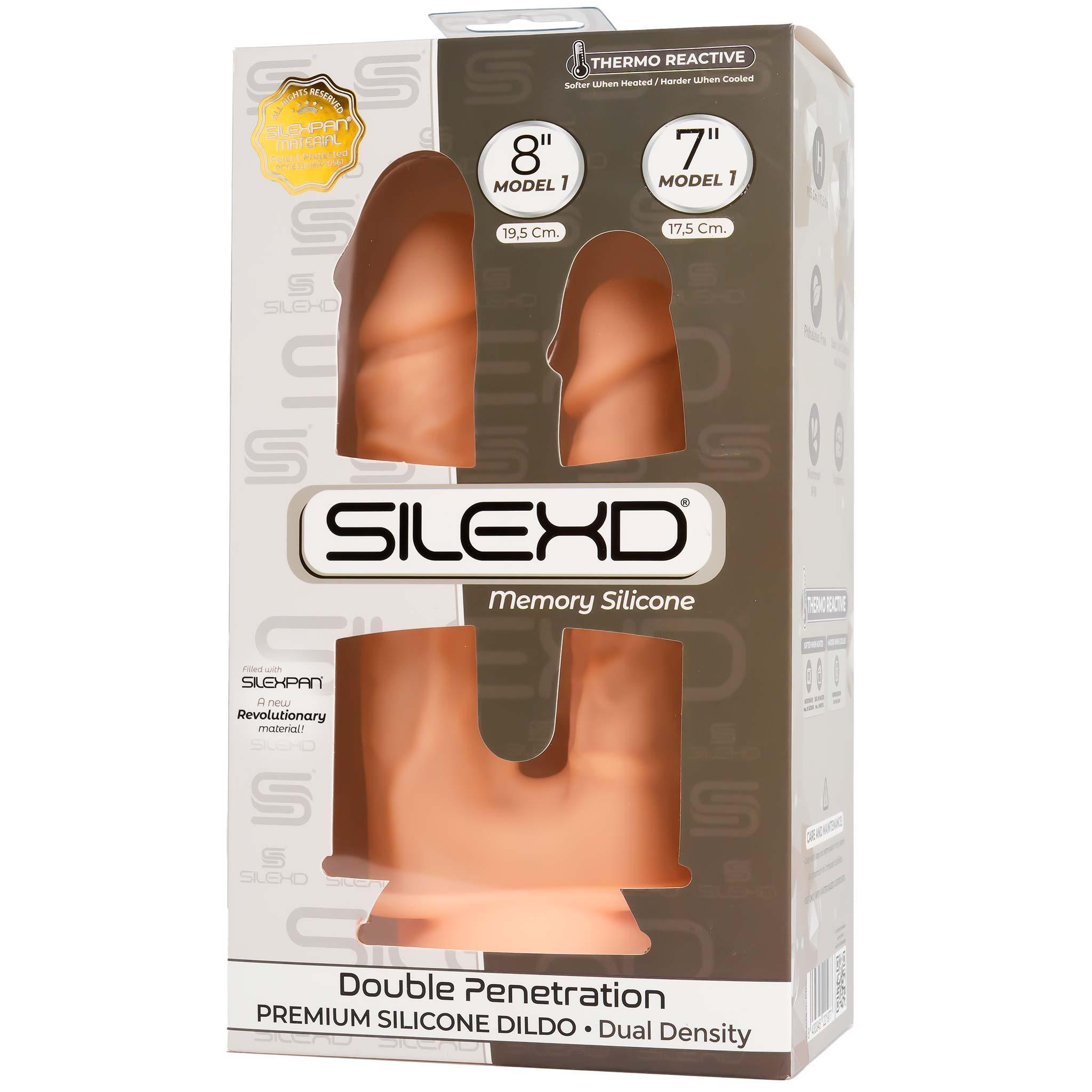 SILEXD Premium Silicone Dildo Model 1 Double Penetration (No Motor), 17,5 & 19,5 cm, Flesh