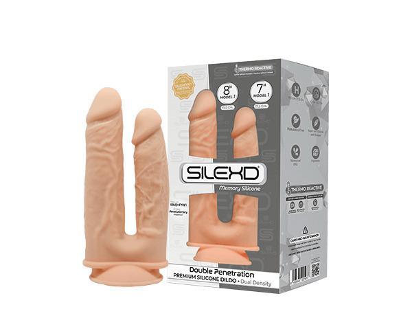SILEXD Premium Silicone Dildo Model 1 Double Penetration (No Motor), 17,5 & 19,5 cm, Flesh