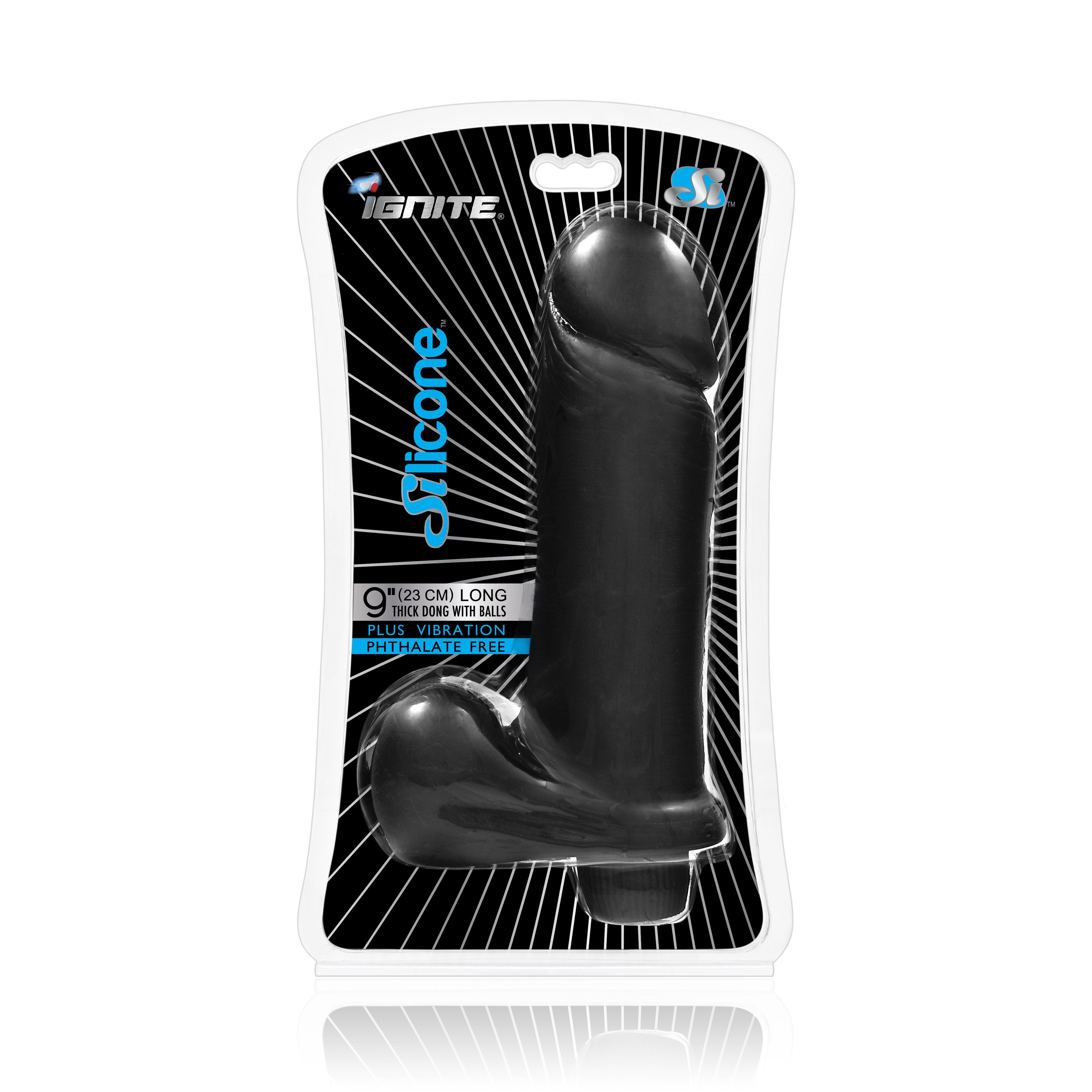 SI IGNITE Vibrating Silicone Dong with Balls, Black, 23 cm