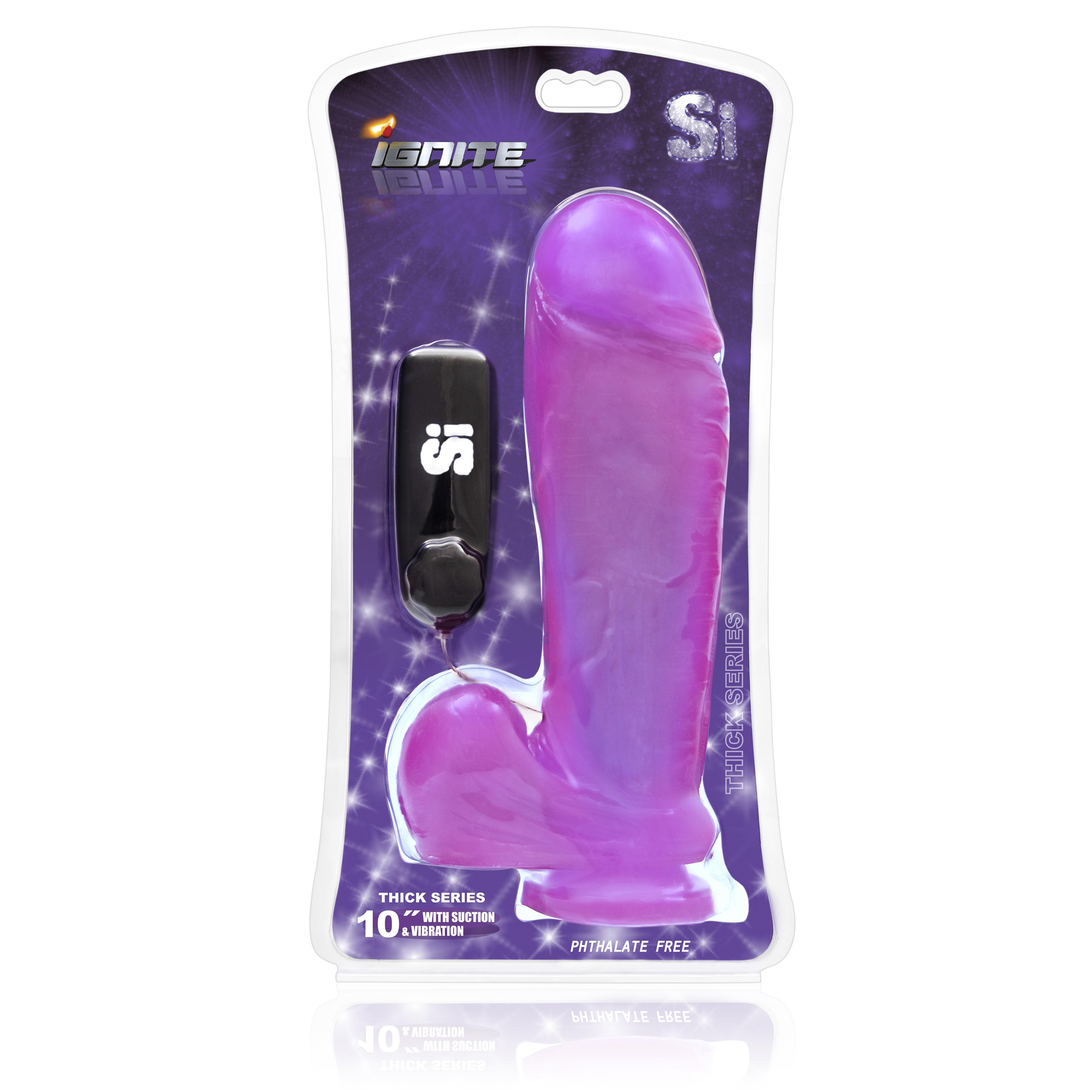 SI IGNITE Vibrating Thick Cock with Balls and Suction, 25 cm, Purple
