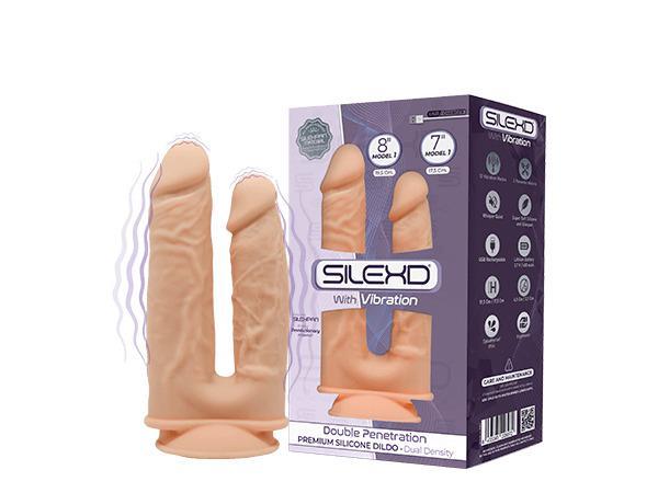 SILEXD Premium Silicone Dildo Model 1 Double Penetration Vibration, 17,5 & 19,5 cm, Flesh