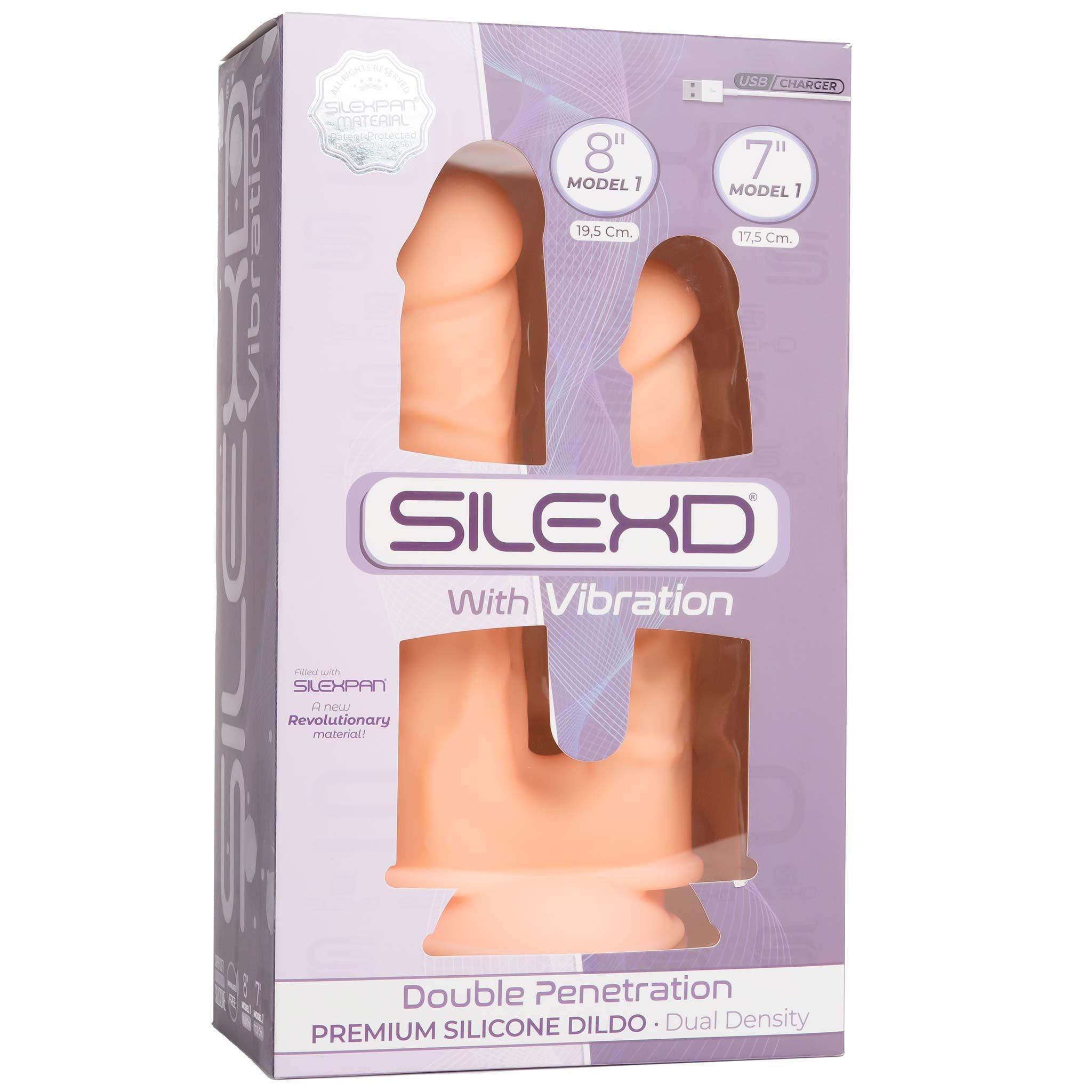 SILEXD Premium Silicone Dildo Model 1 Double Penetration Vibration, 17,5 & 19,5 cm, Flesh