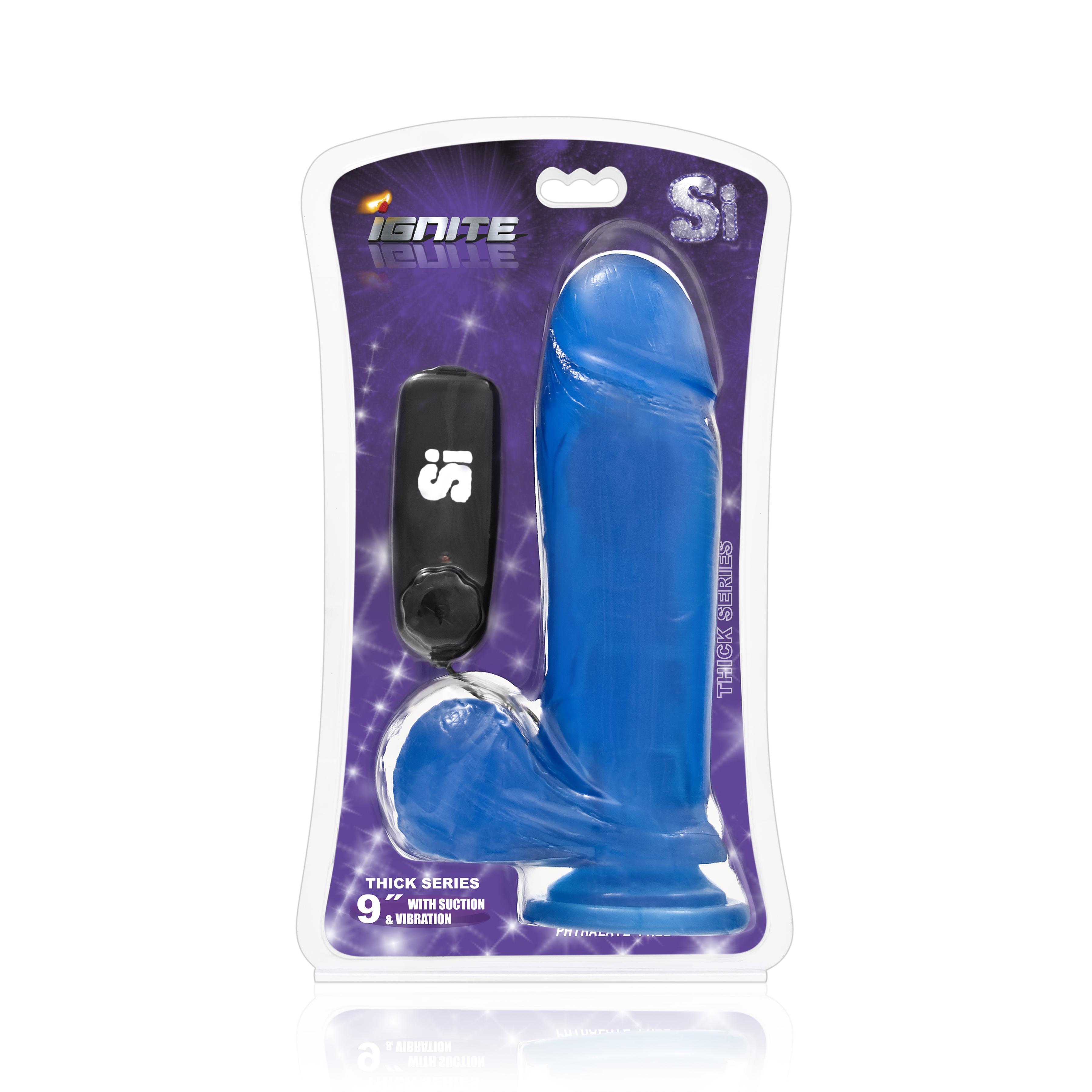 SI IGNITE Vibrating Thick Cock with Balls and Suction, Blue, 23 cm