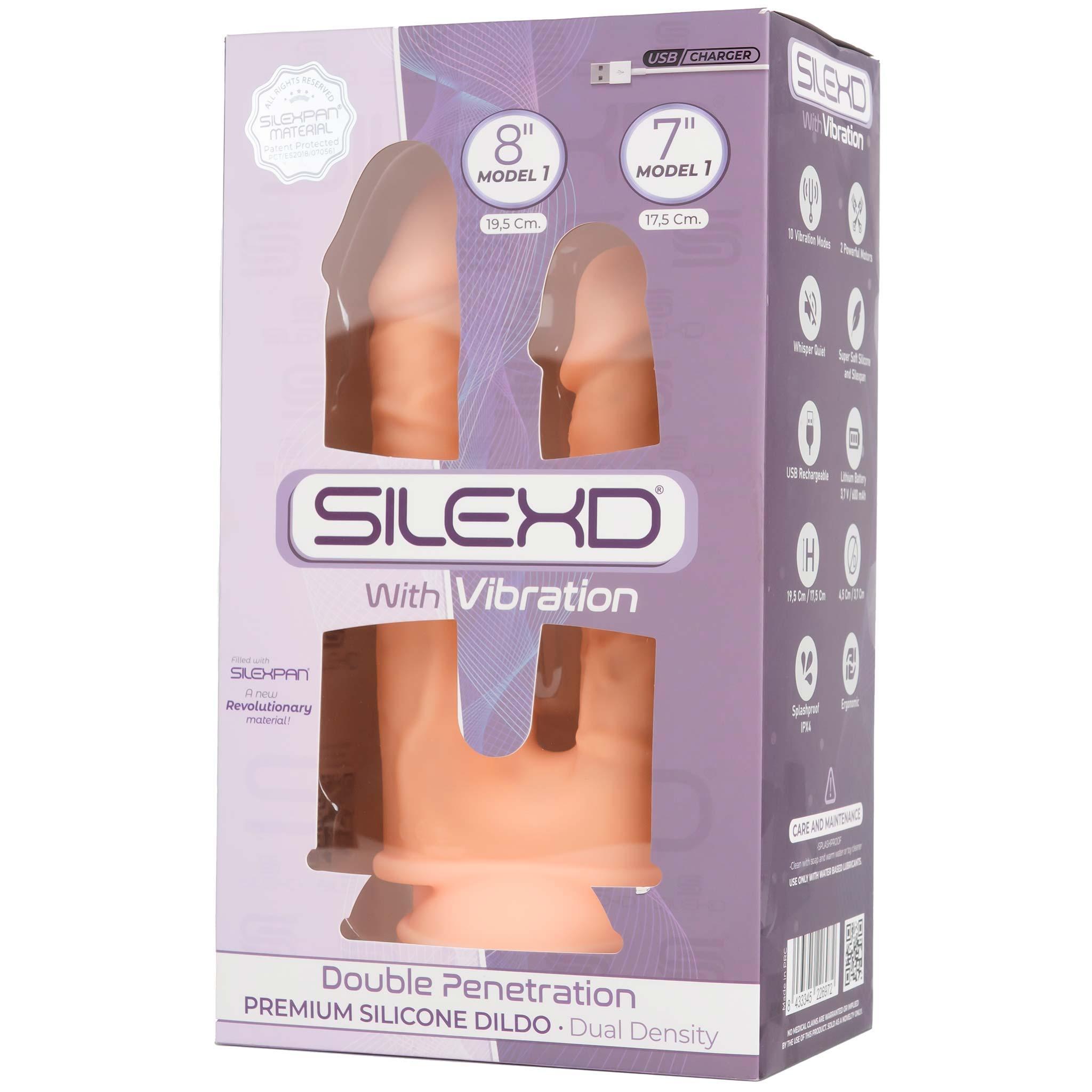 SILEXD Premium Silicone Dildo Model 1 Double Penetration Vibration, 17,5 & 19,5 cm, Flesh