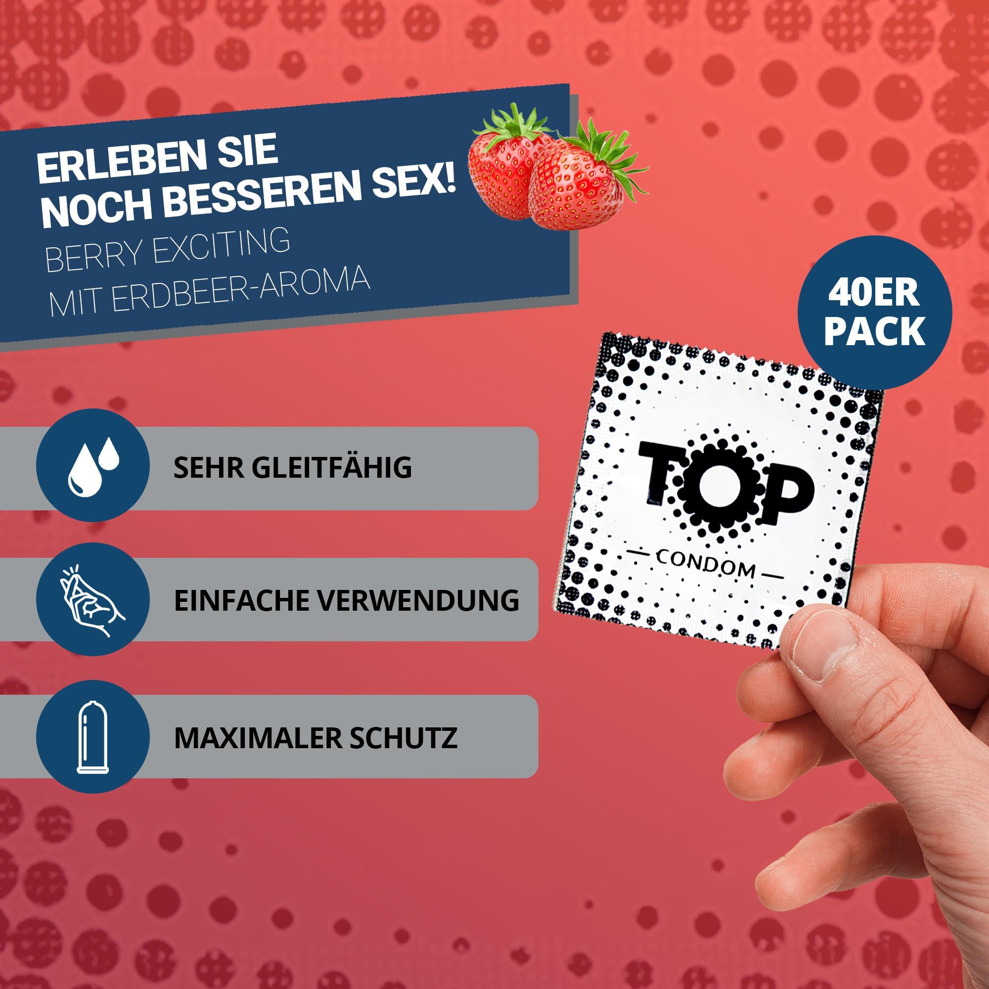 TOP Condoms Red: Berry Exciting - Strawberry Play, Packs of 50